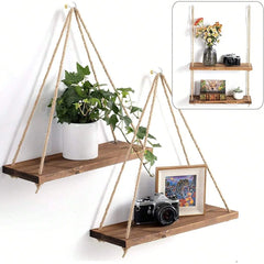 Wooden Hanging Rope Shelf